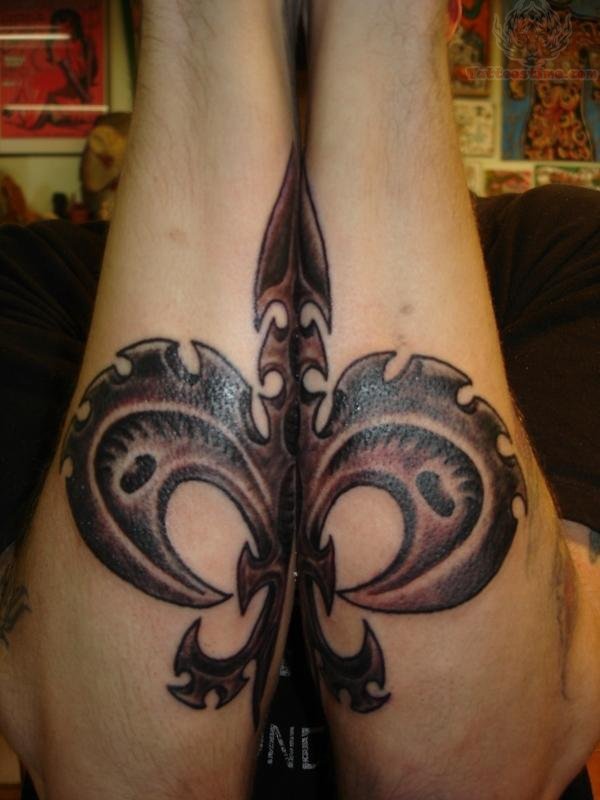 Black And Grey Mechanical Fleur De Lis Tattoos On Both Arm