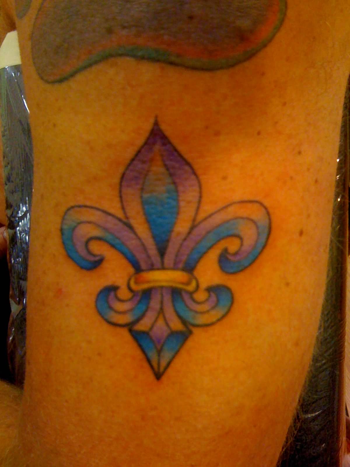 Colored Fleur De Lis Tattoo On Bicep