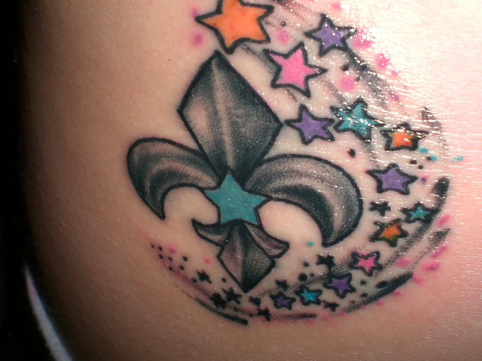 Colored Stars And Fleur De Lis Tattoo