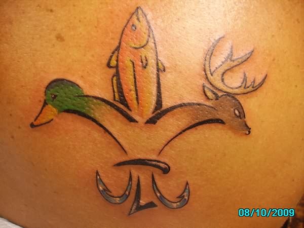 Fish, Duck And Deer Head Fleur De Lis Tattoo