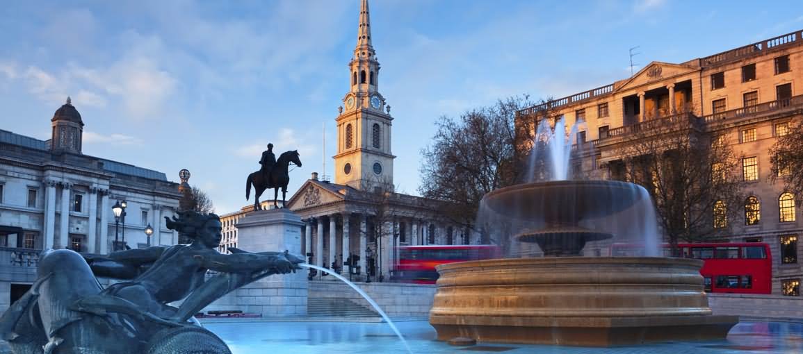 Fountain At Trafalgar Square During Sunset