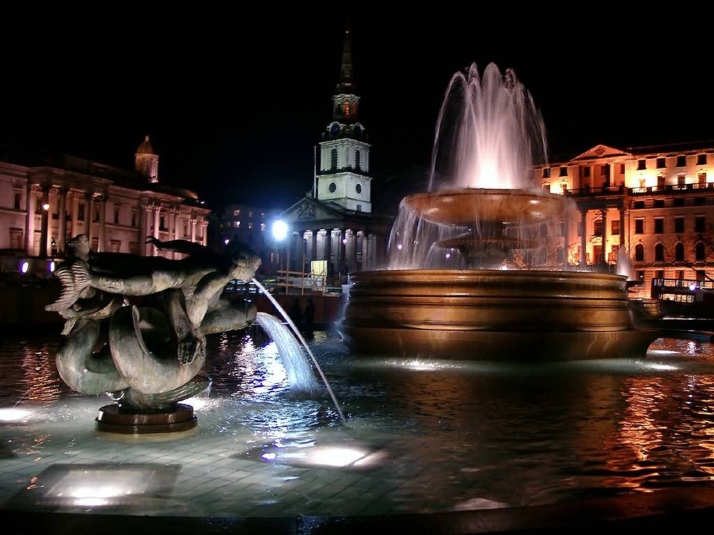 Fountain At Trafalgar Square Night View