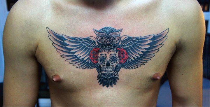 Funky Owl With Skull Tattoo On Man Chest By Funkytattoo Bufnita