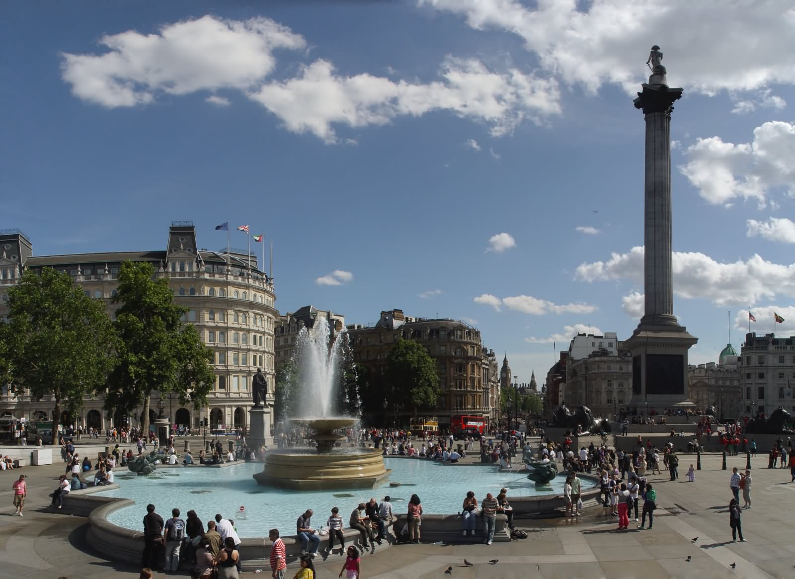 Nelson's Column And Fountain At Trafalgar Square