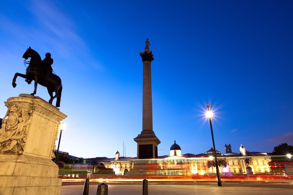 Nelson's Column And Statue At Trafalgar Square Night View