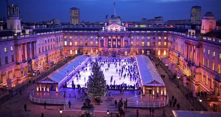 Night Aerial View Of Somerset House Ice Skating