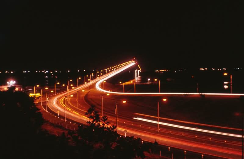 A Night View Of The Auckland Harbour Bridge With Motion Lights