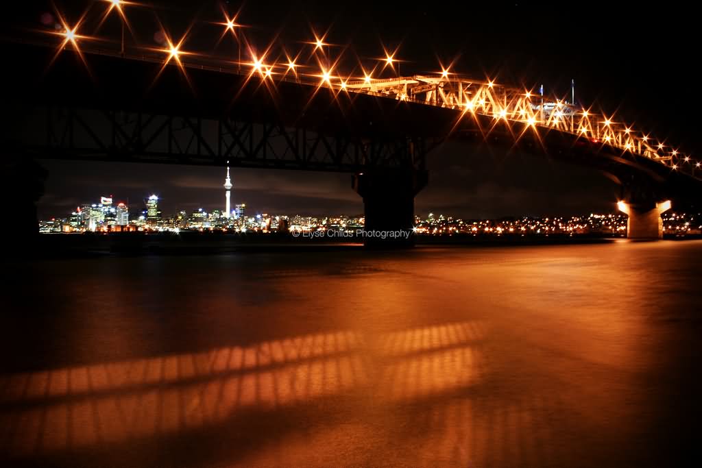 Beautiful Night Lights On The Auckland Harbour Bridge