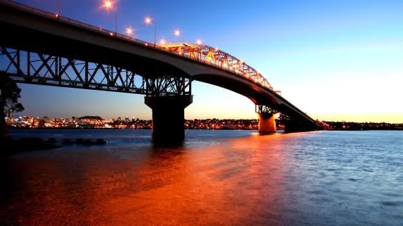 Beautiful View Of The Auckland Harbour Bridge With Night Lights