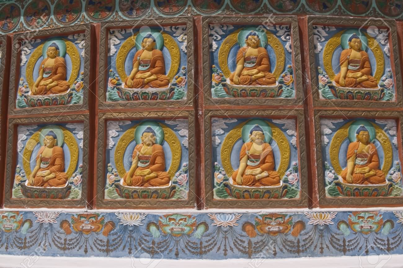 Buddhist Monuments Decorated With Painted Murals On The Walls Of Shanti Stupa