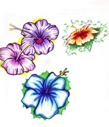 Colored Hibiscus Flowers Tattoo Design