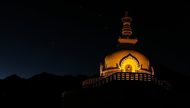 Dome Of Shanti Stupa Lit Up At Night