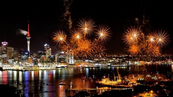 Fireworks Over The Auckland Harbour Bridge At Night