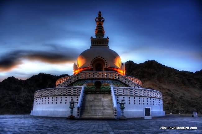 Front Picture Of Shanti Stupa During Night