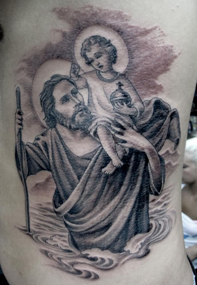 Grey Ink Saint Christopher Tattoo Design For Side Rib