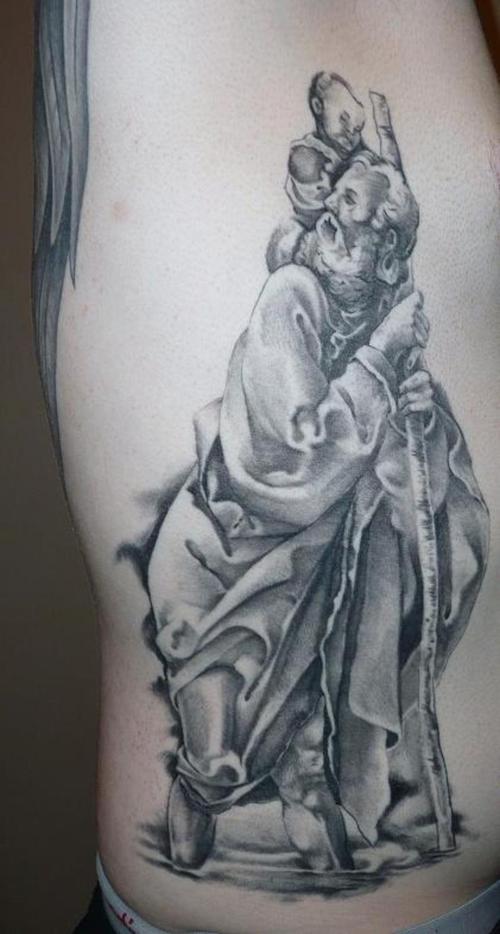 Grey Ink Saint Christopher Tattoo On Man Side Rib