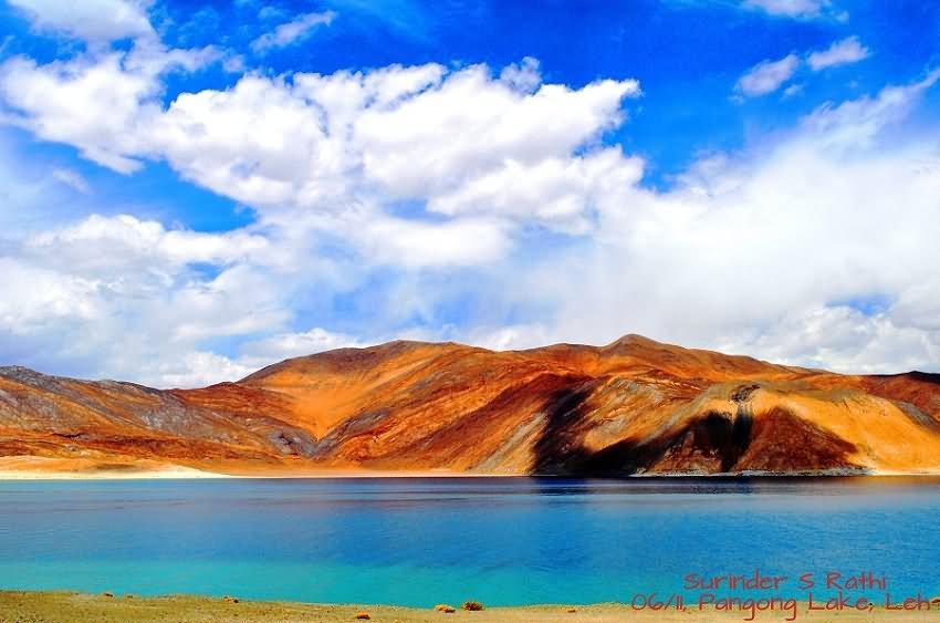 Pangong Tso Lake Surrounded With Mountains View During Sunset