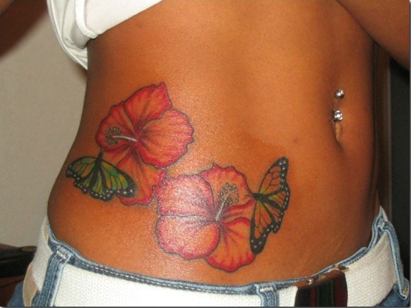 Butterflies And Hibiscus Flowers Tattoos On Waist