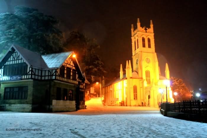 Night View Of Christ Church, Shimla After Snowfall