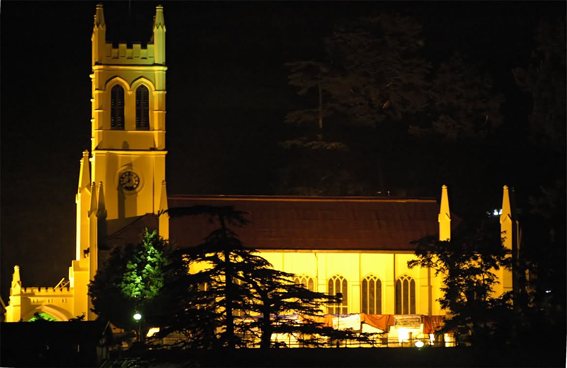 Night View Of The Christ Church In Shimla