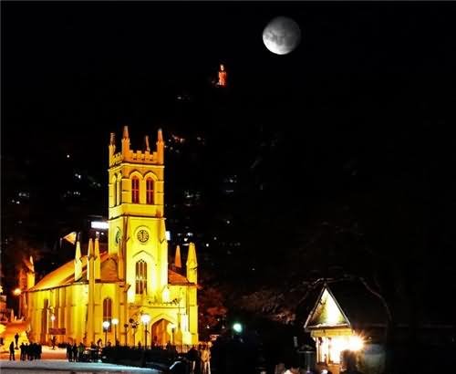 The Christ Church In Shimla At Night With Full Moon