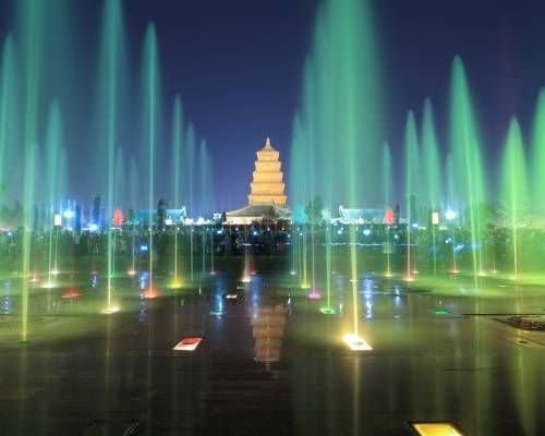 Amazing Fountains In Front Of Giant Wild Goose Pagoda In Xi'an, China