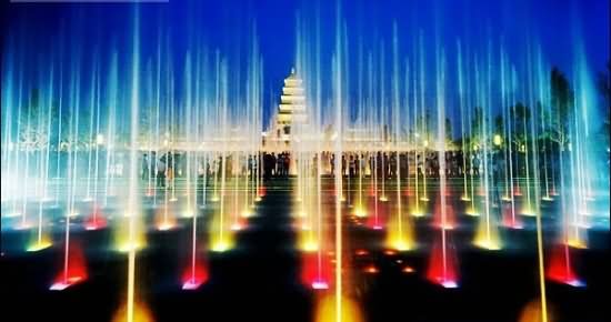 Beautiful Fountain Show In Front Of Giant Wild Goose Pagoda In Xi'an At Night