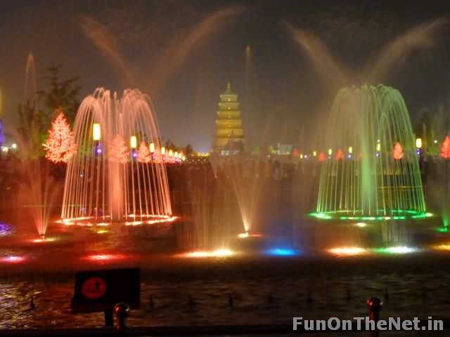 Beautiful Fountains Of Giant Wild Goose Pagoda At Night