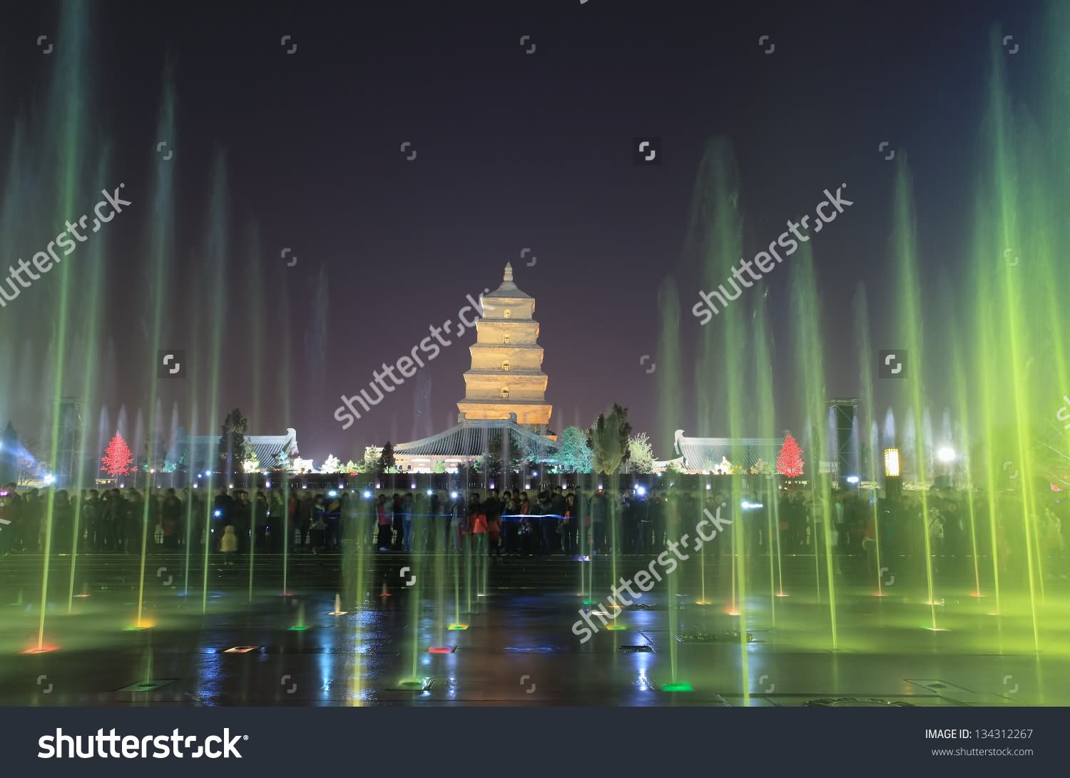 Beautiful Music Fountain In Front Of Giant Wild Goose Pagoda In China