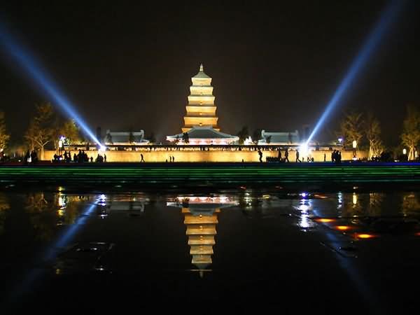 Giant Wild Goose Pagoda At Night With Colorful Lights