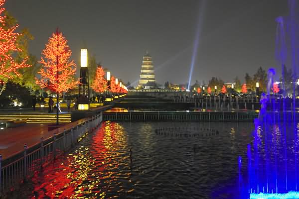 Giant Wild Goose Pagoda Northern Square At Night