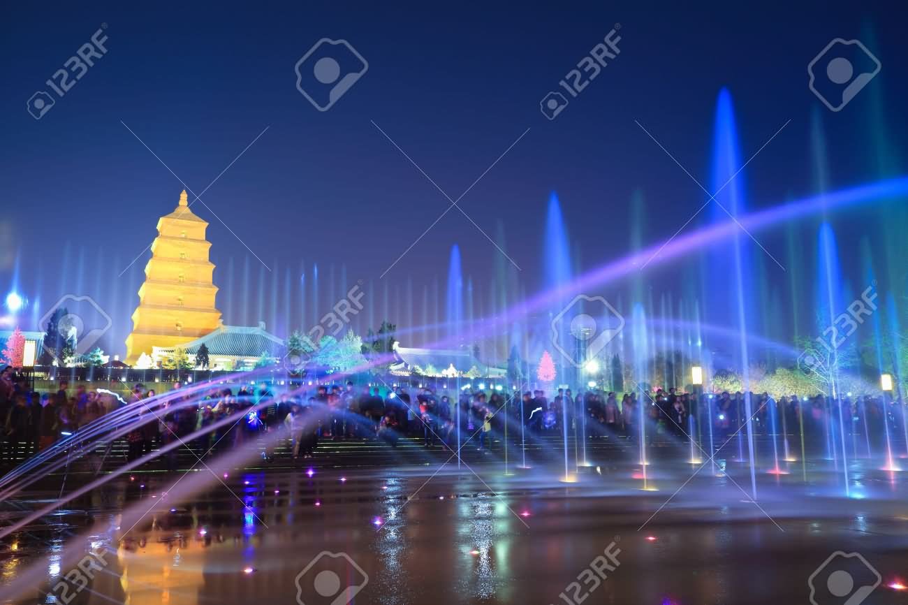 Giant Wild Goose Pagoda With Beautiful Fountains At Night