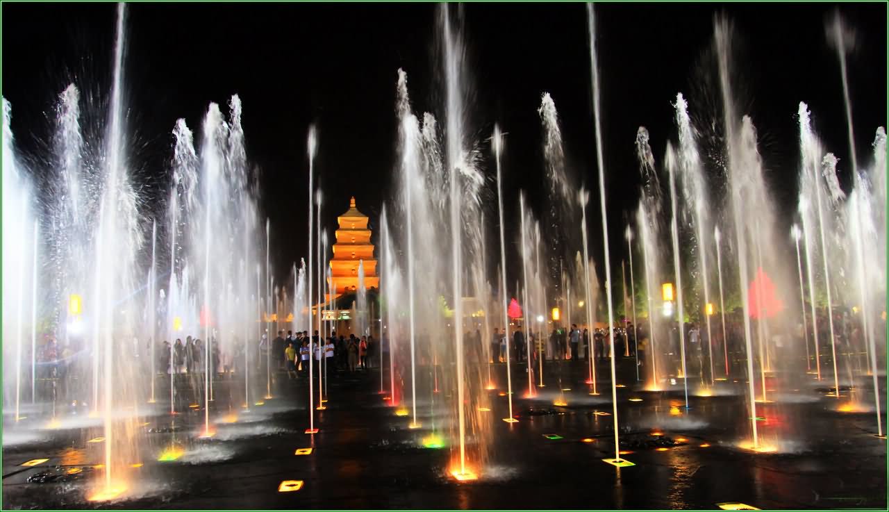 Giant Wild Goose Pagoda With Musical Fountains At Night