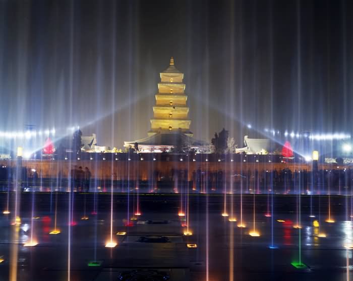 Incredible Musical Fountain In Front Of Giant Wild Goose Pagoda Night View