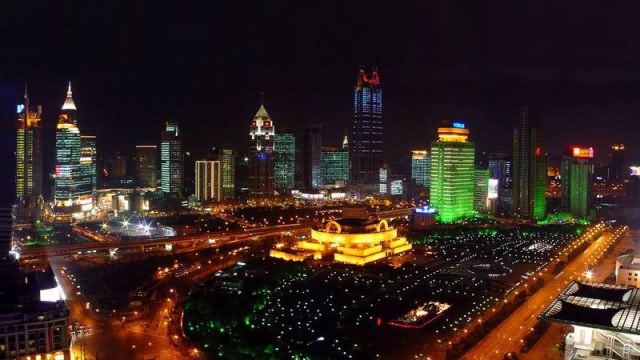 Night Aerial View Of The People's Square In Shanghai