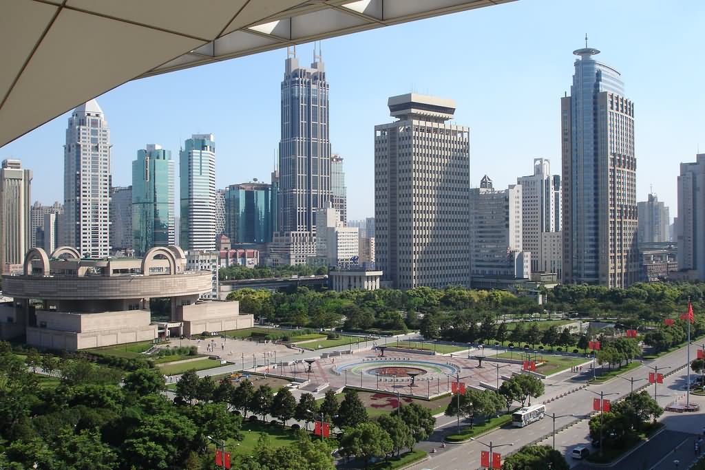 People's Square Surrounded With Buildings In Shanghai