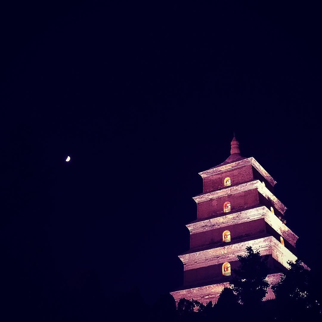 Pink Lights On The Giant Wild Goose Pagoda With Moon At Night