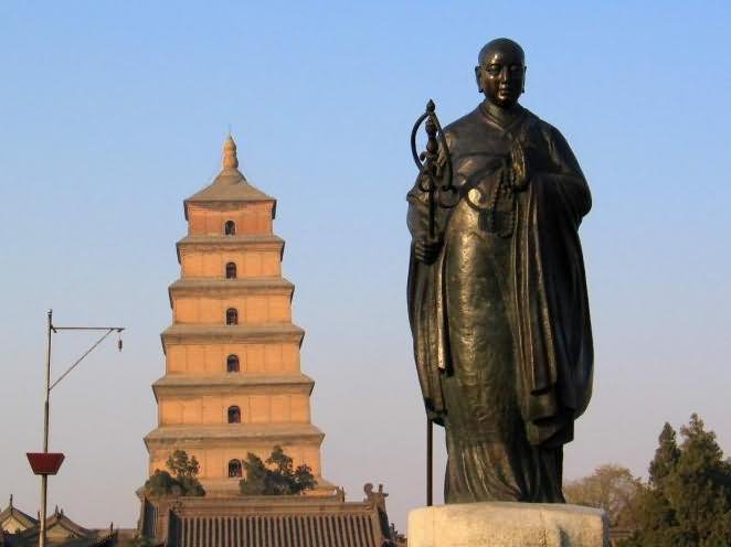 Statue Of Xuanzang In Front Of Giant Wild Goose Pagoda, China