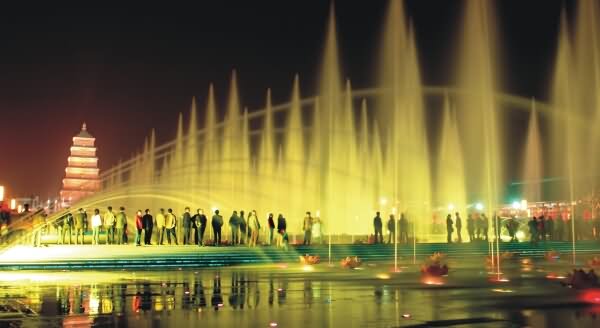 The Giant Wild Goose Pagoda And Fountains At Night