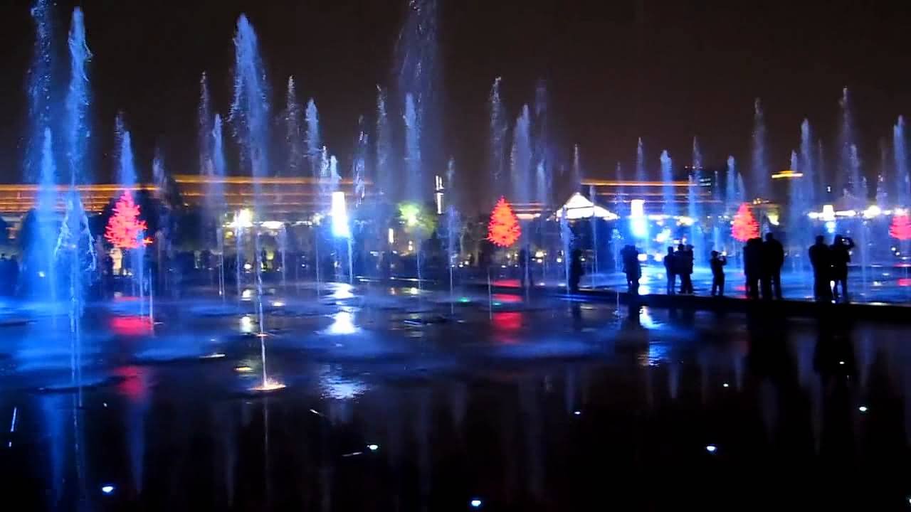 The Musical Fountain At The Giant Wild Goose Pagoda Night View