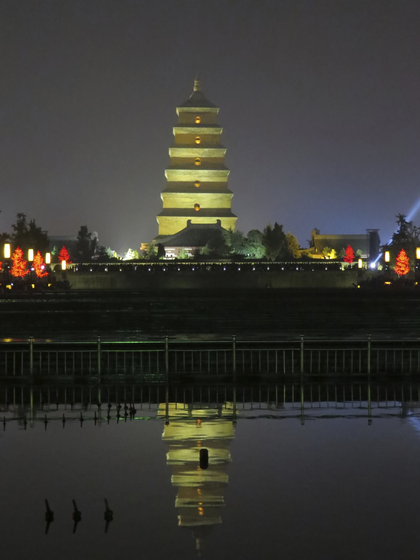 Water Reflection Of The Giant Wild Goose Pagoda At Night