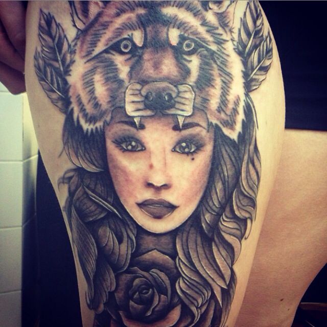 Black And Grey Rose Flower And Wolf Girl Tattoo On Thigh