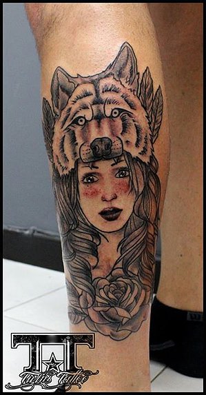 Black And Grey Wolf Girl Tattoo On Leg