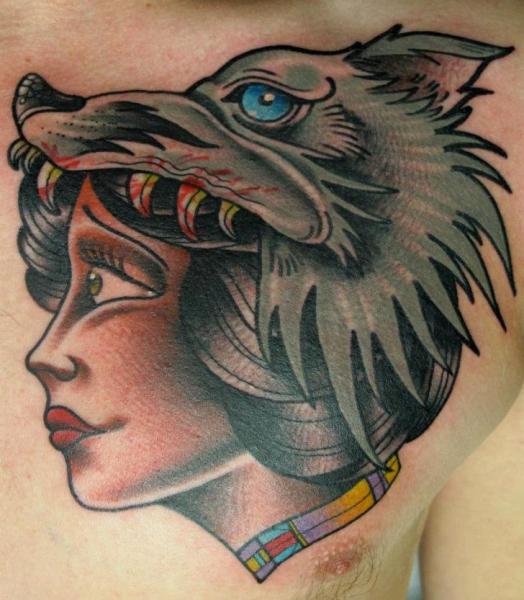 Blue Eye Wolf Girl Tattoo On Man Chest