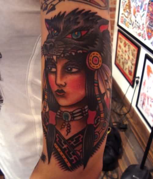 Blue Eyes Wolf Girl Tattoo On Sleeve