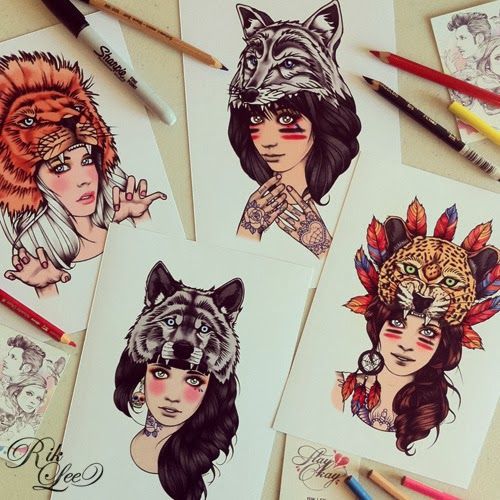 Colored Wolf Girl Tattoo Designs