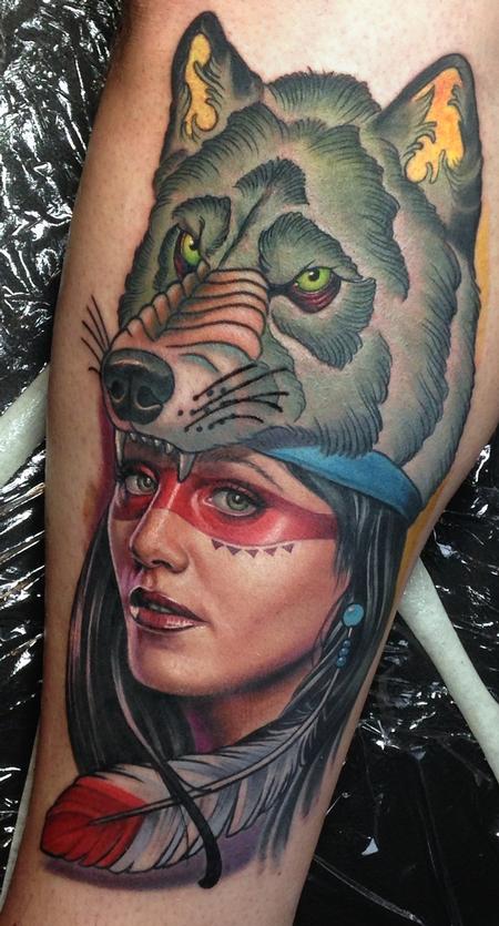 Colored Wolf Girl Tattoo On Leg