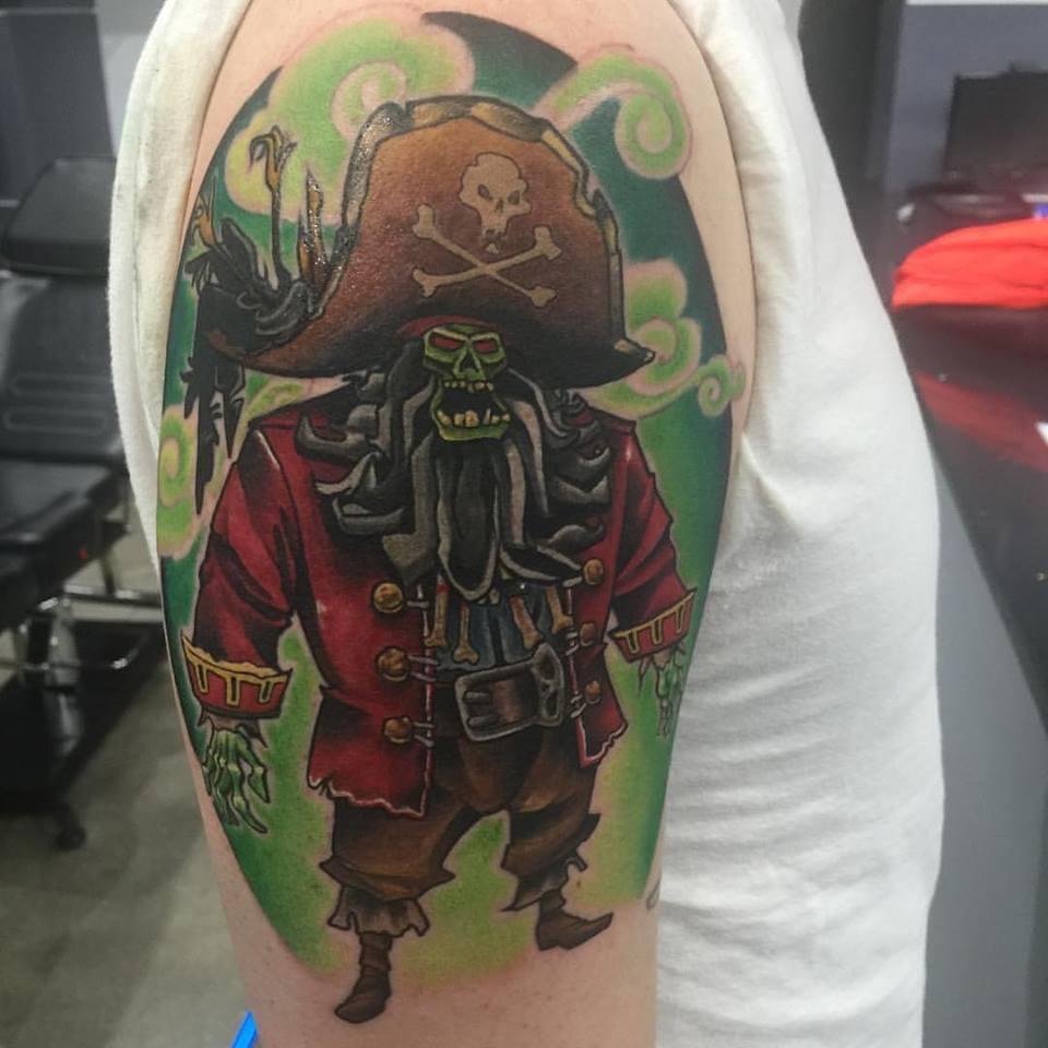 Colorful Pirate Tattoo On Half Sleeve by Jasontritten