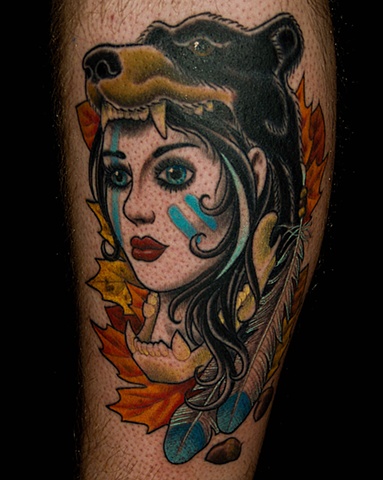 Colorful Wolf Girl Tattoo On Leg