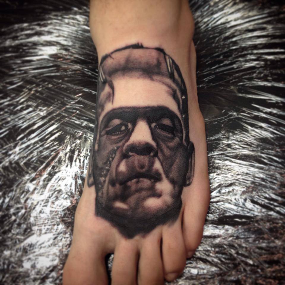 Frankenstein Portrait Tattoo On Left Foot by Paul Priestley